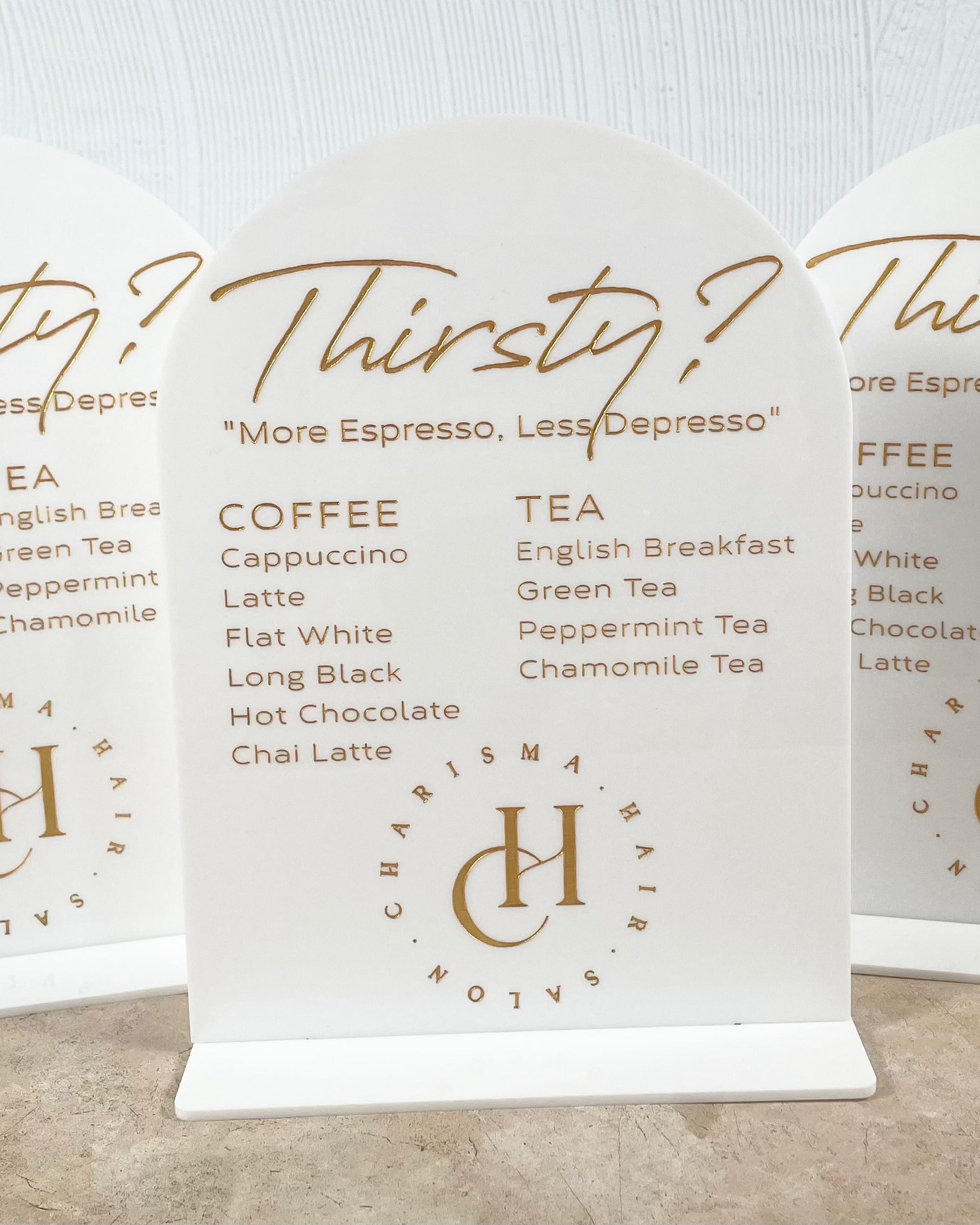 Custom freestanding coffee and tea menu sign in frosted acrylic with logo