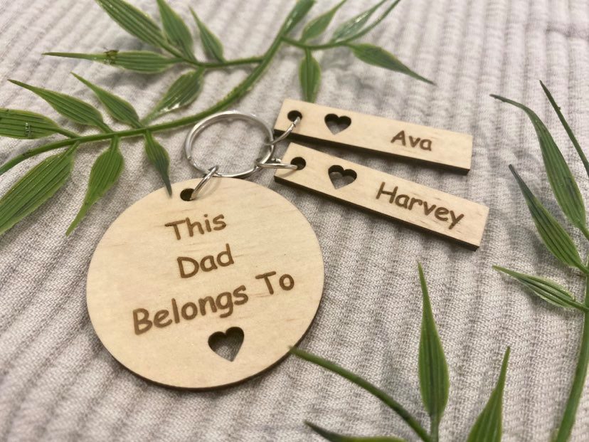Round timber key ring with tags Laser Edge Designs LaserEdge Designs